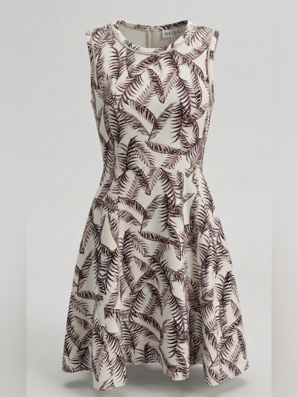 Reiss Cream Midi Dress with Brown Leaf Motif size 10